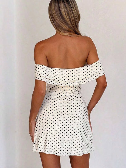 New A-Line Off-Shoulder Ruched Polka Dot Cream Mini Homecoming Dress Hot Sale