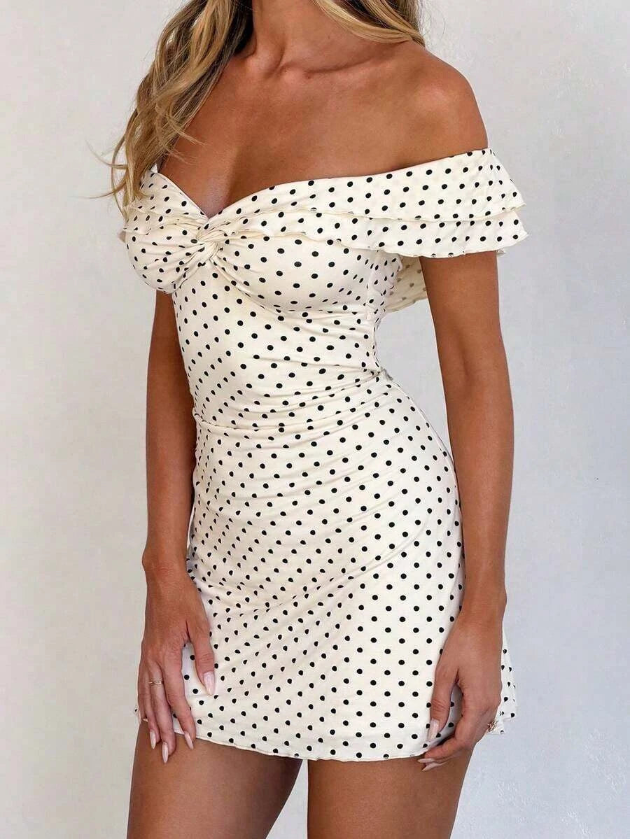 New A-Line Off-Shoulder Ruched Polka Dot Cream Mini Homecoming Dress Hot Sale