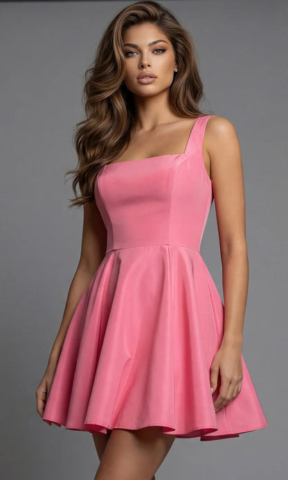 New A-Line Square Neck Back Bow Flirty Satin Pink Mini Homecoming Dress Hot Sale