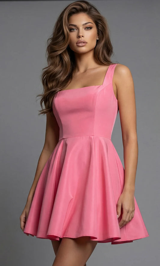 New A-Line Square Neck Back Bow Flirty Satin Pink Mini Homecoming Dress Hot Sale