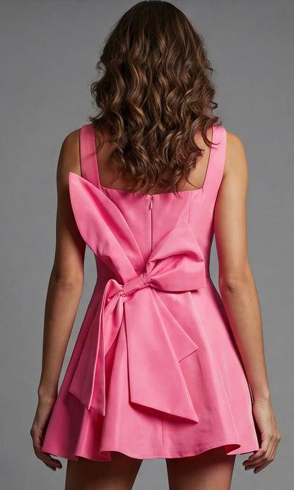 New A-Line Square Neck Back Bow Flirty Satin Pink Mini Homecoming Dress Hot Sale