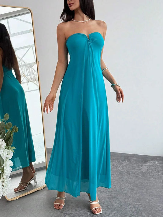 New A-Line Strapless Draped Beach Dress Flowy Teal Maxi Prom Dress For Women