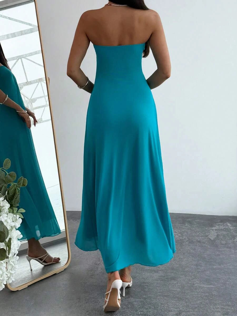 New A-Line Strapless Draped Beach Dress Flowy Teal Maxi Prom Dress For Women
