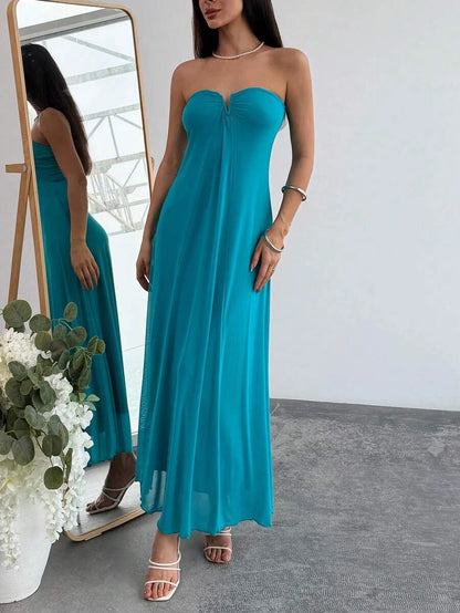 New A-Line Strapless Draped Beach Dress Flowy Teal Maxi Prom Dress For Women
