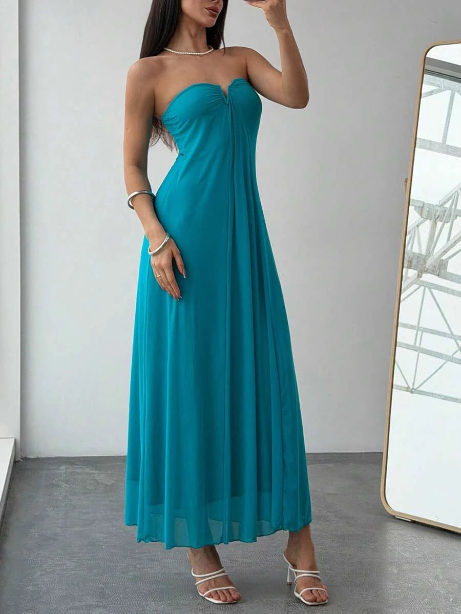 New A-Line Strapless Draped Beach Dress Flowy Teal Maxi Prom Dress For Women