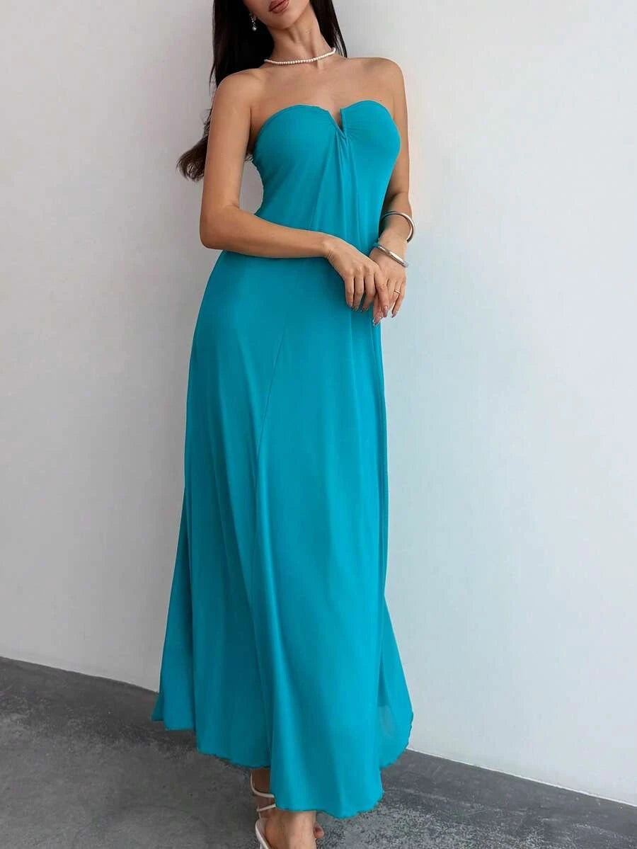 New A-Line Strapless Draped Beach Dress Flowy Teal Maxi Prom Dress For Women