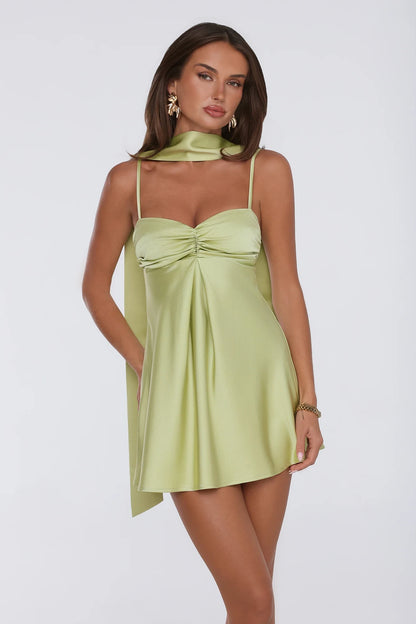 New A-Line Sweetheart Ruched Satin Lime Green Mini Homecoming Dress With Scarf