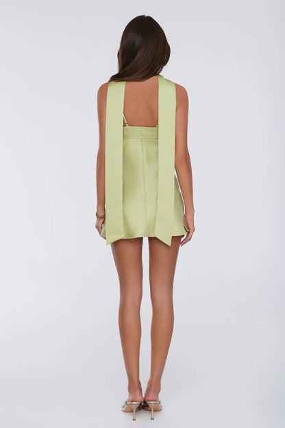 New A-Line Sweetheart Ruched Satin Lime Green Mini Homecoming Dress With Scarf