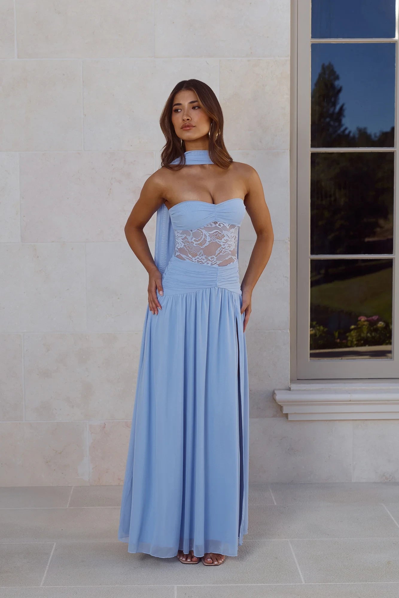 New A-Line Sweetheart Slit Lace Light Blue Floor-Length Prom Dress With Scarf