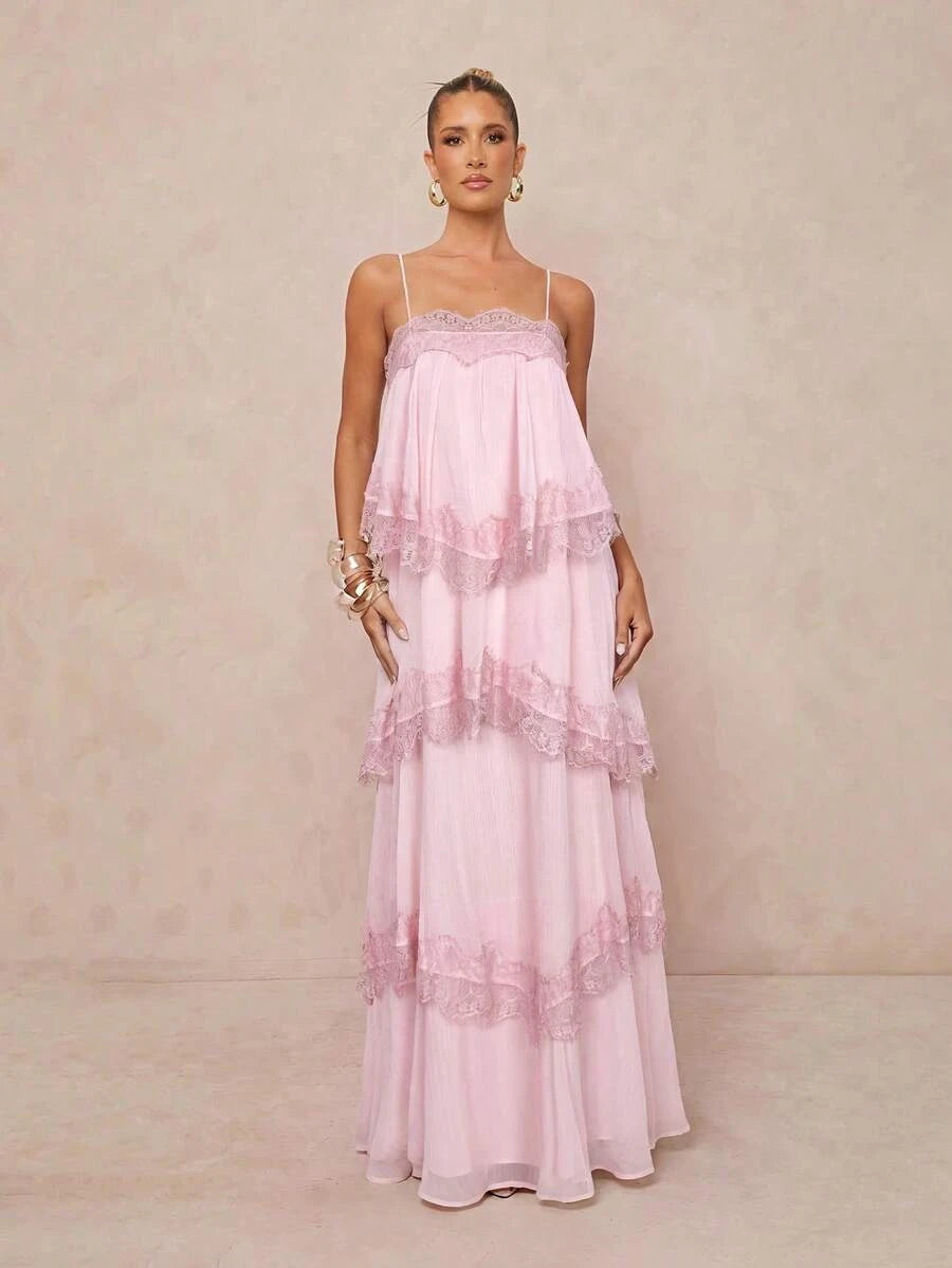 New A-Line Sweetheart Tiered Lace Backless Chiffon Blush Pink Floor-Length Prom Dress