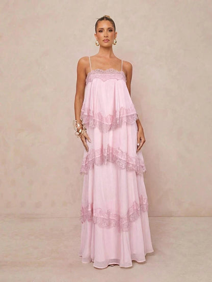 New A-Line Sweetheart Tiered Lace Backless Chiffon Blush Pink Floor-Length Prom Dress