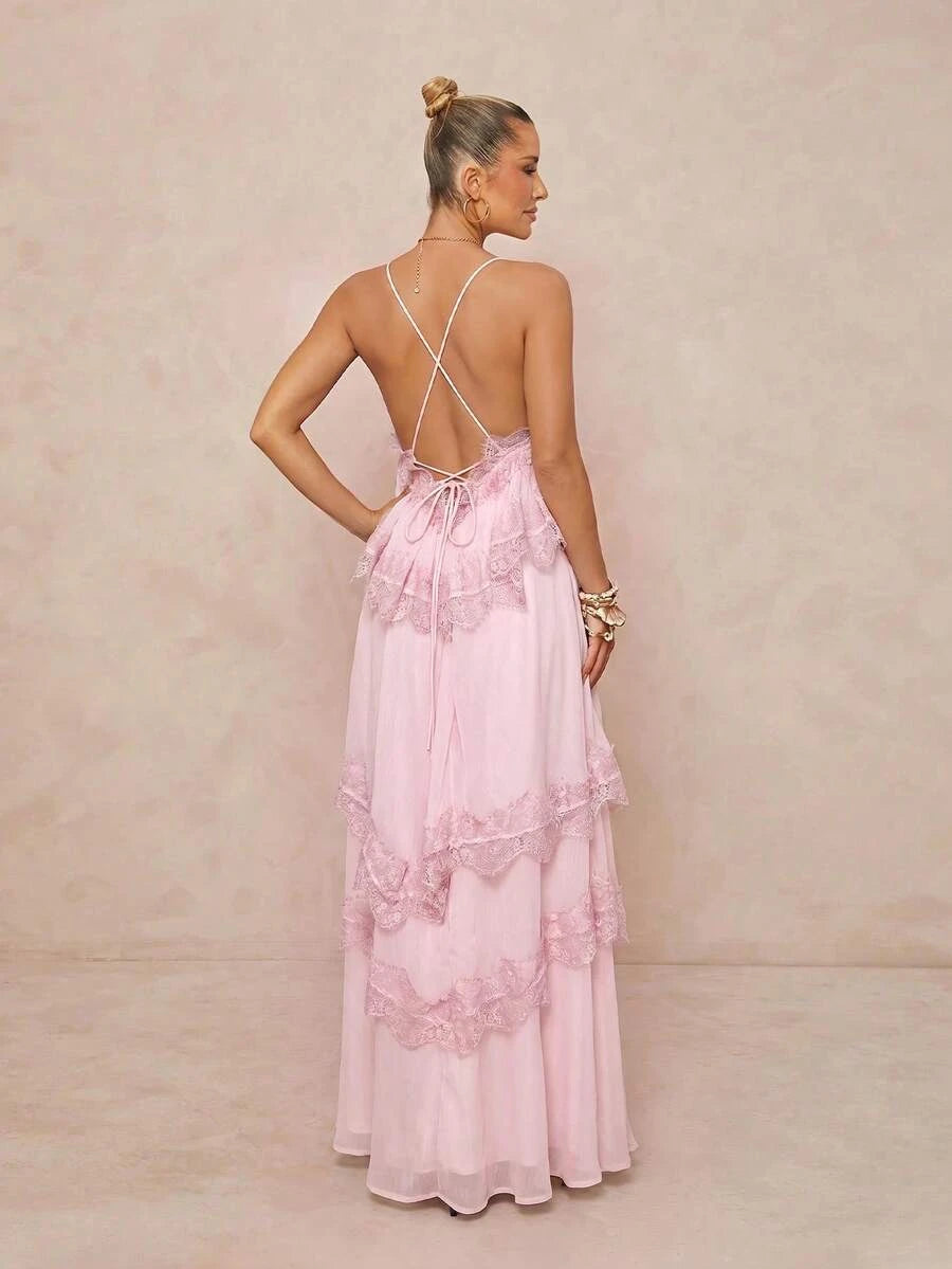 New A-Line Sweetheart Tiered Lace Backless Chiffon Blush Pink Floor-Length Prom Dress