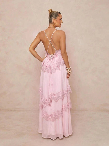 New A-Line Sweetheart Tiered Lace Backless Chiffon Blush Pink Floor-Length Prom Dress