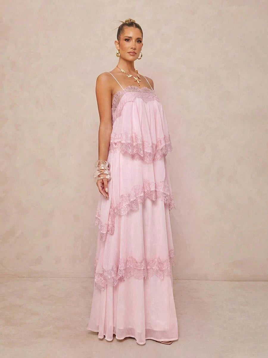 New A-Line Sweetheart Tiered Lace Backless Chiffon Blush Pink Floor-Length Prom Dress