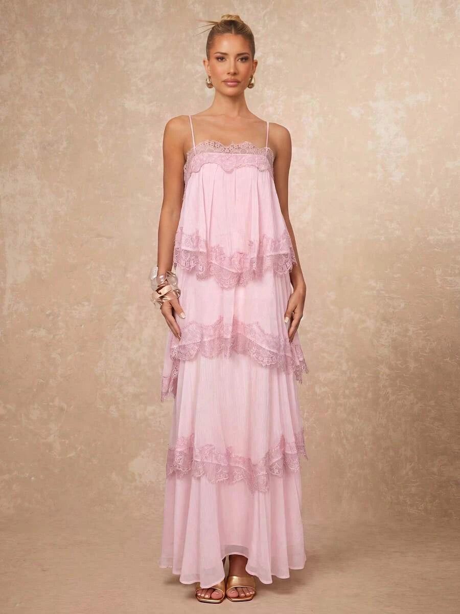 New A-Line Sweetheart Tiered Lace Backless Chiffon Blush Pink Floor-Length Prom Dress