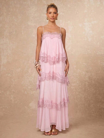 New A-Line Sweetheart Tiered Lace Backless Chiffon Blush Pink Floor-Length Prom Dress