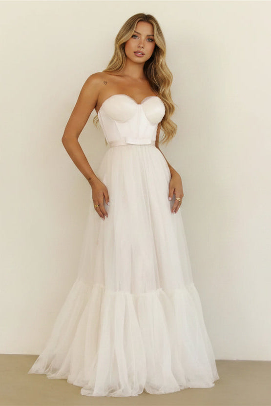 New Elegant A-Line Sweetheart Corset Tiered Tulle White Floor-Length Prom Dress