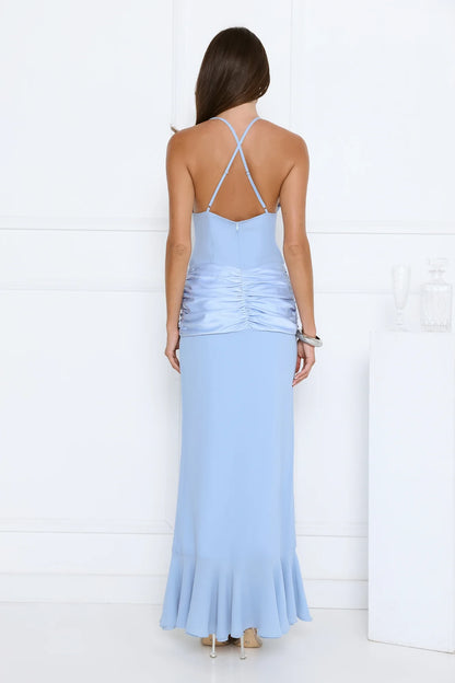 New Mermaid Deep V-Neck Ruched Ruffle Sky Blue Floor-Length Prom Dress