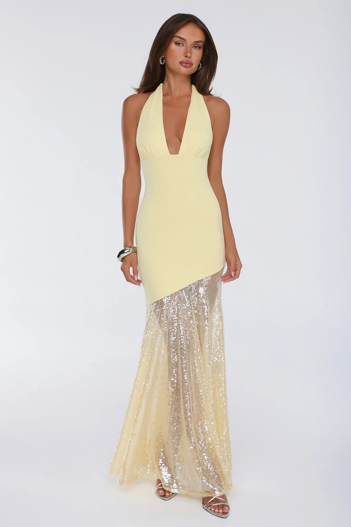 New Mermaid Halter Deep-V Shimmering Sequin Pale Yellow Floor-Length Prom Dress