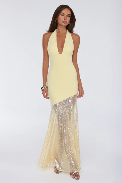 New Mermaid Halter Deep-V Shimmering Sequin Pale Yellow Floor-Length Prom Dress