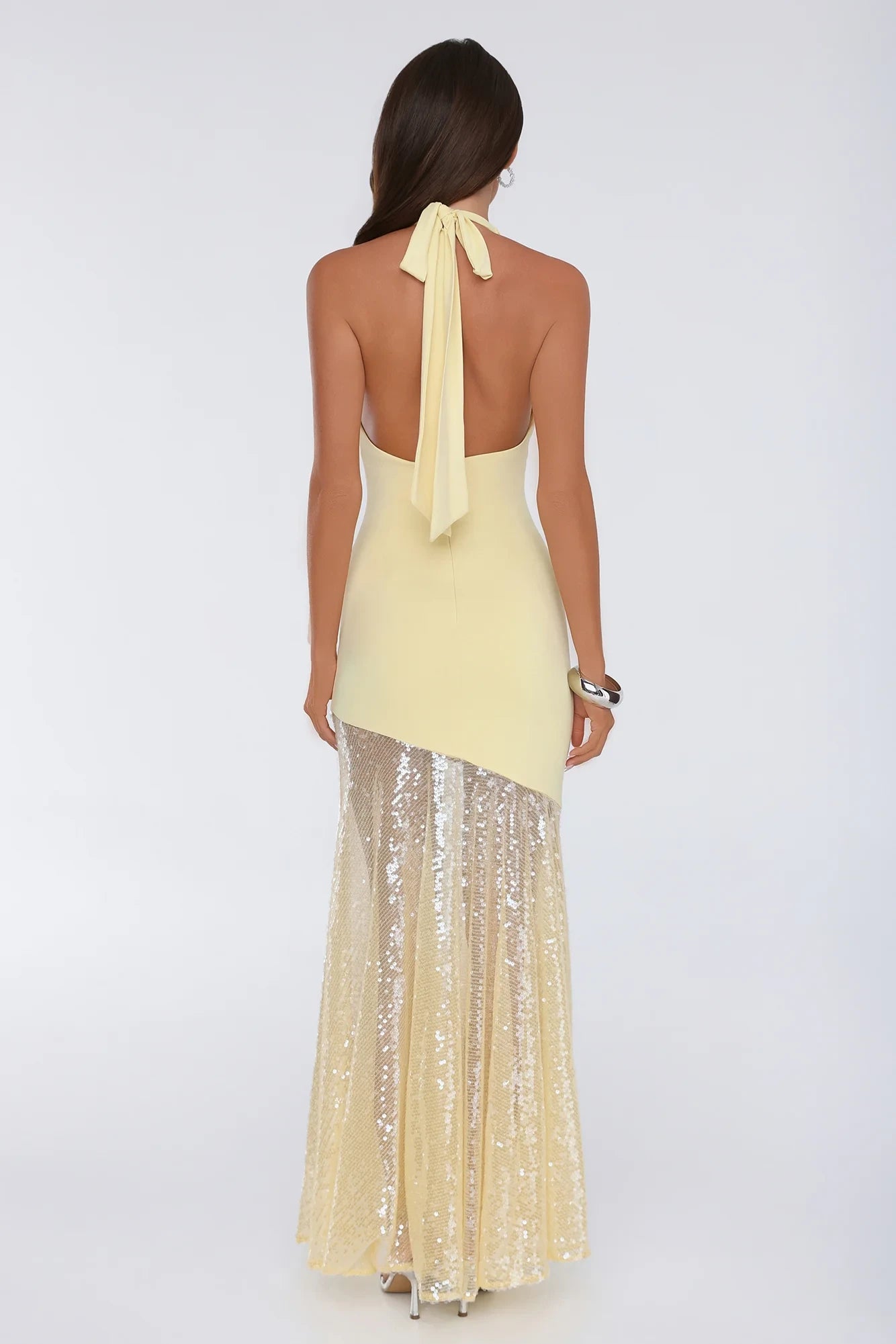 New Mermaid Halter Deep-V Shimmering Sequin Pale Yellow Floor-Length Prom Dress