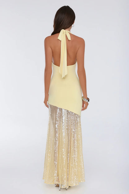 New Mermaid Halter Deep-V Shimmering Sequin Pale Yellow Floor-Length Prom Dress