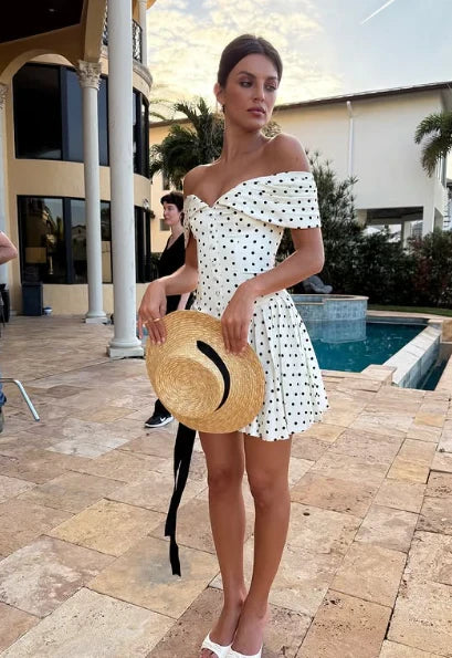 New Playful A-Line Off-Shoulder Polka Dot Satin White Mini Homecoming Dress