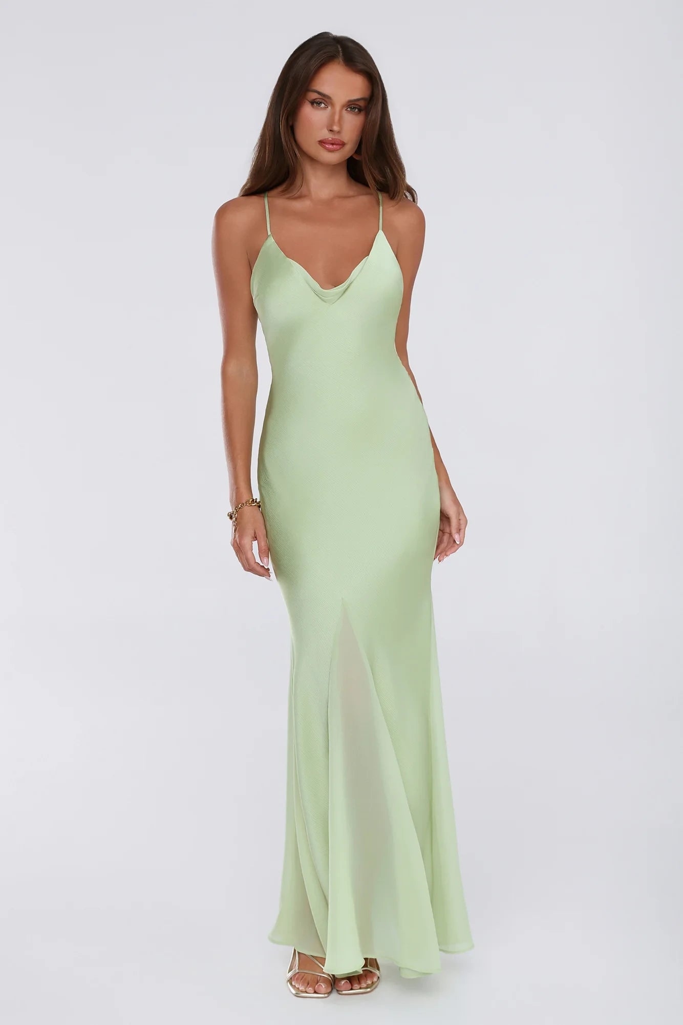 Modern Sheath Cowl Neck Flowy Strappy Satin Mint Green Floor-Length Prom Dress