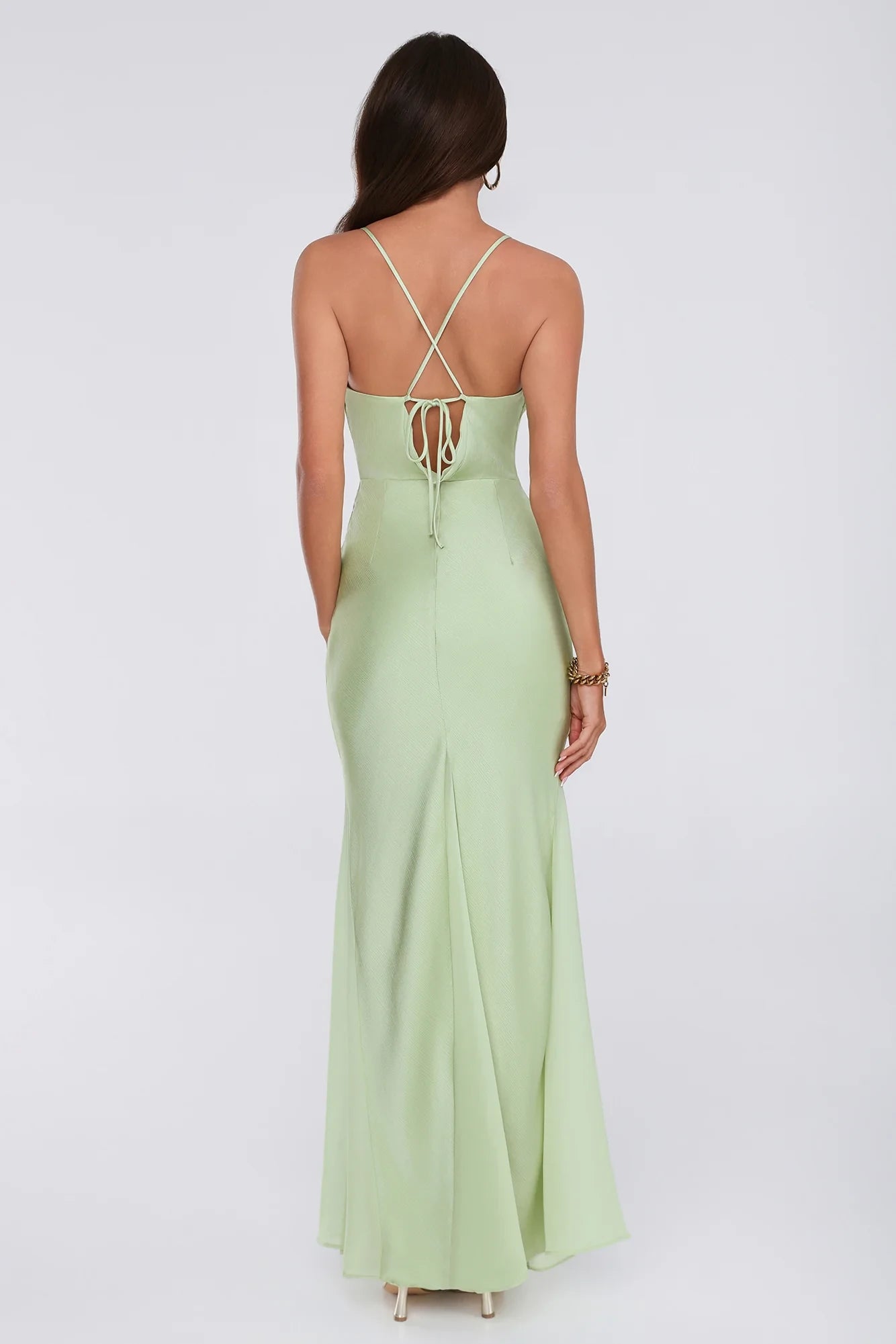 Modern Sheath Cowl Neck Flowy Strappy Satin Mint Green Floor-Length Prom Dress
