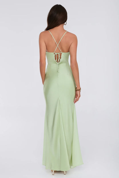 Modern Sheath Cowl Neck Flowy Strappy Satin Mint Green Floor-Length Prom Dress