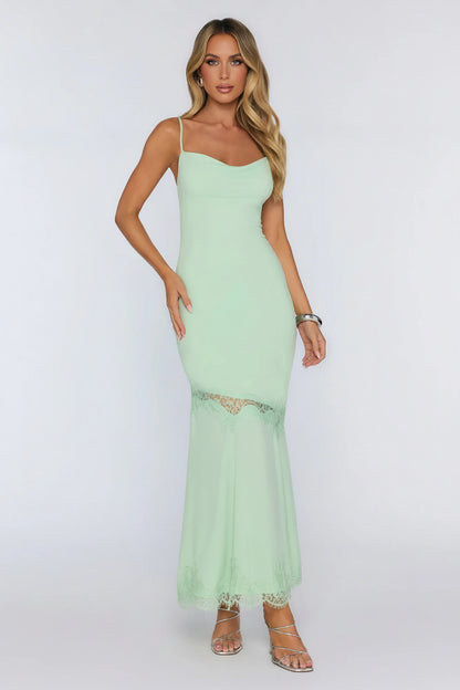 New Sheath Cowl Neck Lace Trim Draped Mint Green Floor-Length Prom Dress