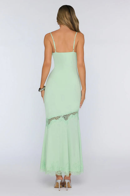 New Sheath Cowl Neck Lace Trim Draped Mint Green Floor-Length Prom Dress
