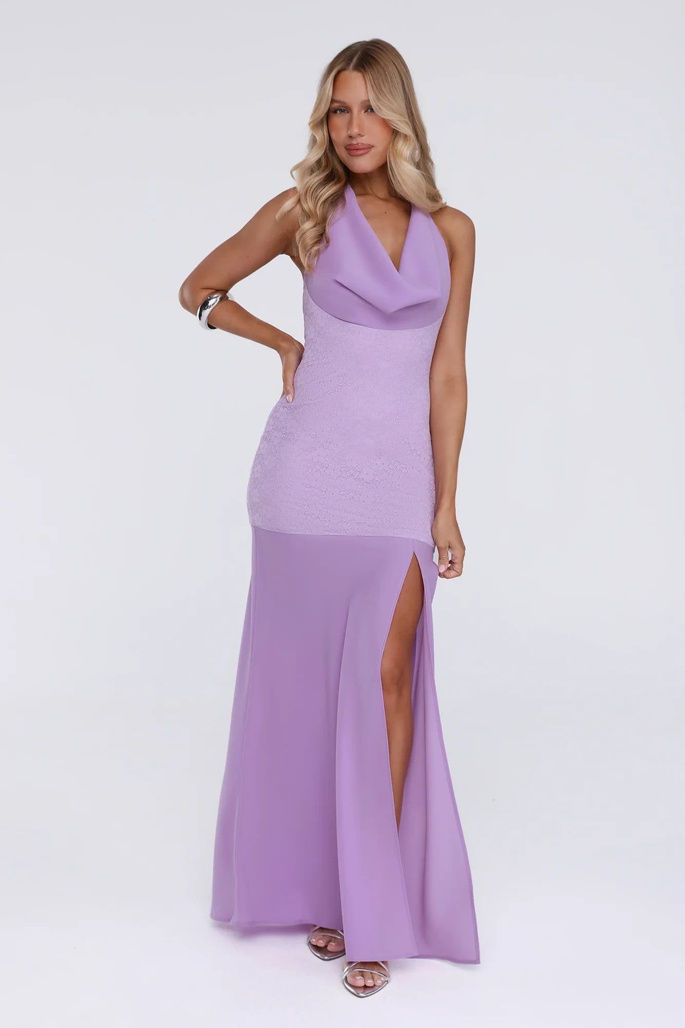 New Sheath Halter Cowl Neck Slit Backless Lavender Floor-Length Prom Dress