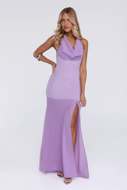 New Sheath Halter Cowl Neck Slit Backless Lavender Floor-Length Prom Dress