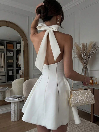 New Stylish A-Line Halter Tie Bow Backless Ivory Mini Homecoming Dress