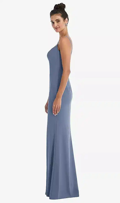 Notch Crepe Trumpet Gown with Front Slit in Larkspur Blue