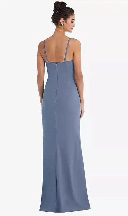 Notch Crepe Trumpet Gown with Front Slit in Larkspur Blue