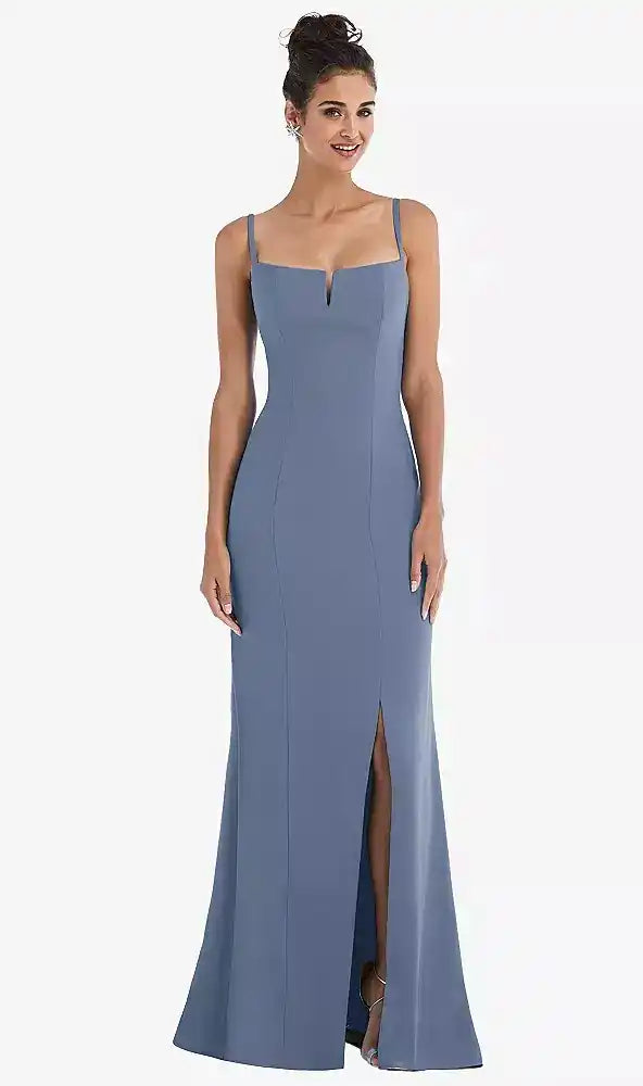 Notch Crepe Trumpet Gown with Front Slit in Larkspur Blue