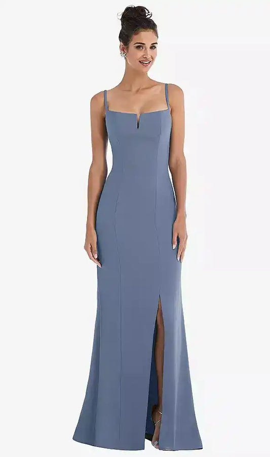 Notch Crepe Trumpet Gown with Front Slit in Larkspur Blue