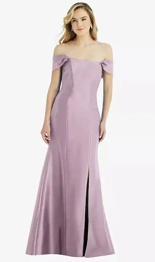 Off-the-Shoulder Bow-Back Satin Trumpet Gown in Suede Rose