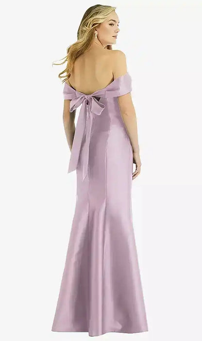 Off-the-Shoulder Bow-Back Satin Trumpet Gown in Suede Rose