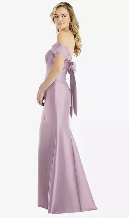 Off-the-Shoulder Bow-Back Satin Trumpet Gown in Suede Rose