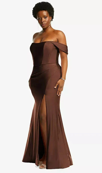 Off-the-Shoulder Corset Stretch Satin Mermaid Dress with Slight Train in Cognac
