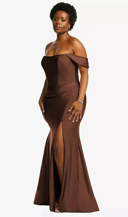 Off-the-Shoulder Corset Stretch Satin Mermaid Dress with Slight Train in Cognac