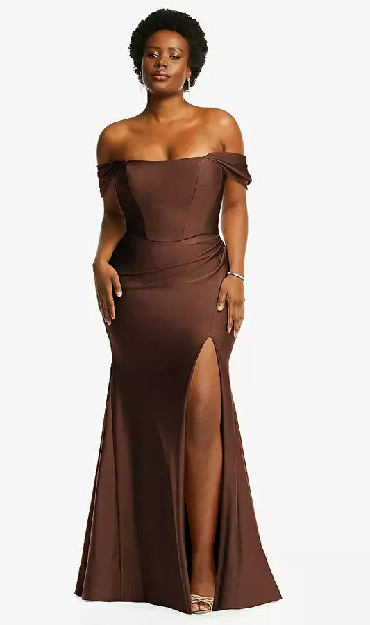 Off-the-Shoulder Corset Stretch Satin Mermaid Dress with Slight Train in Cognac