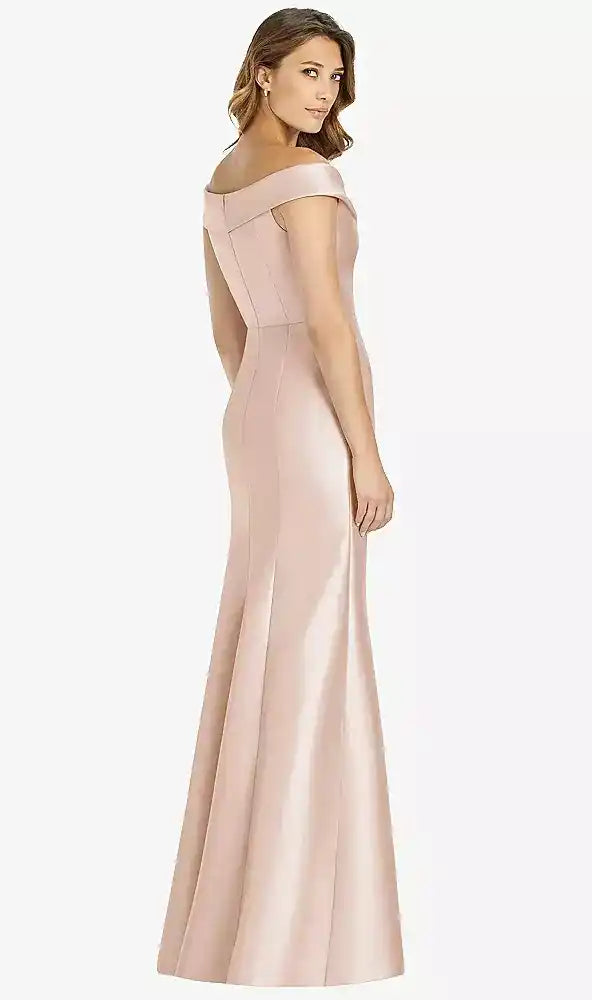 Off-the-Shoulder Cuff Trumpet Gown with Front Slit in Cameo
