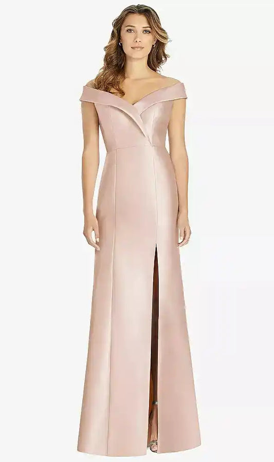 Off-the-Shoulder Cuff Trumpet Gown with Front Slit in Cameo