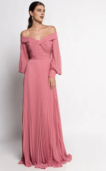 Off-the-Shoulder Long Sleeved A Line Chiffon Prom Dress with Pleats/Formal Women's Dresses