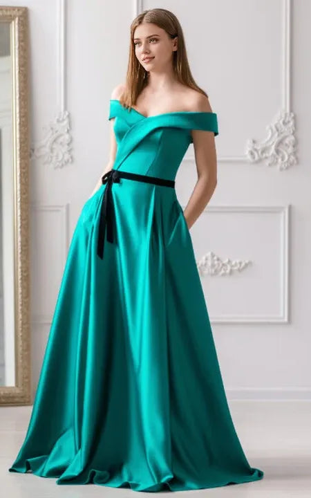Off-the-Shoulder Modern Floor-length Short Sleeve Satin A Line Evening Dress with Sash Prom Dress/Dress For Formal
