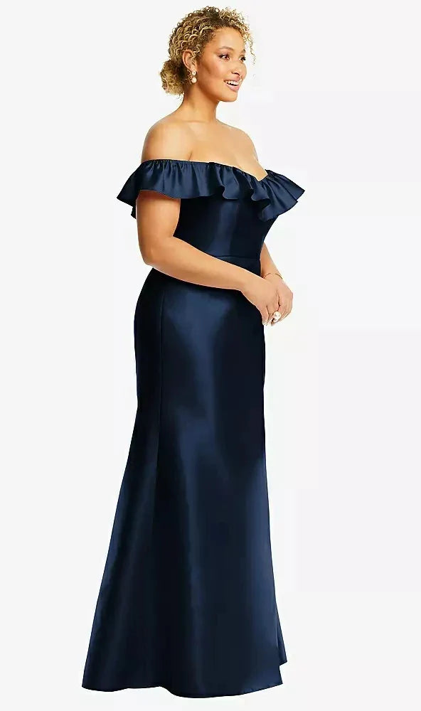 Off-the-Shoulder Ruffle Neck Satin Trumpet Gown in Midnight Navy